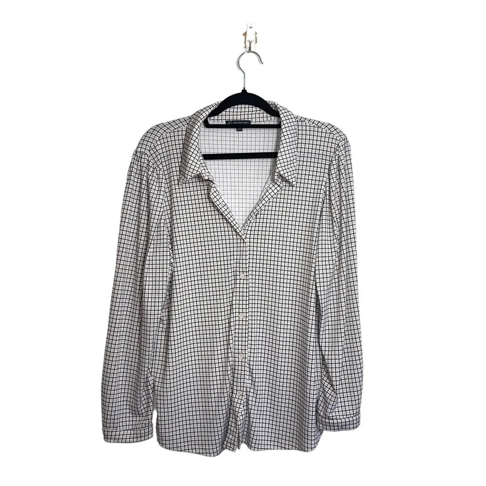 Adrianna Papell White Black Window Panel Plaid Print Collared Top Large Women’s